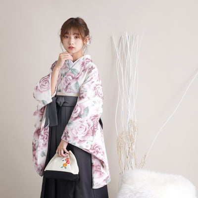 【リサイクル着物】 2尺袖着物 袴 2点セット 販売品 中古 USED くすみピンク バラ 袴91cm（身長153-158cm）卒業式 大学生 （5182670211）【中古販売】