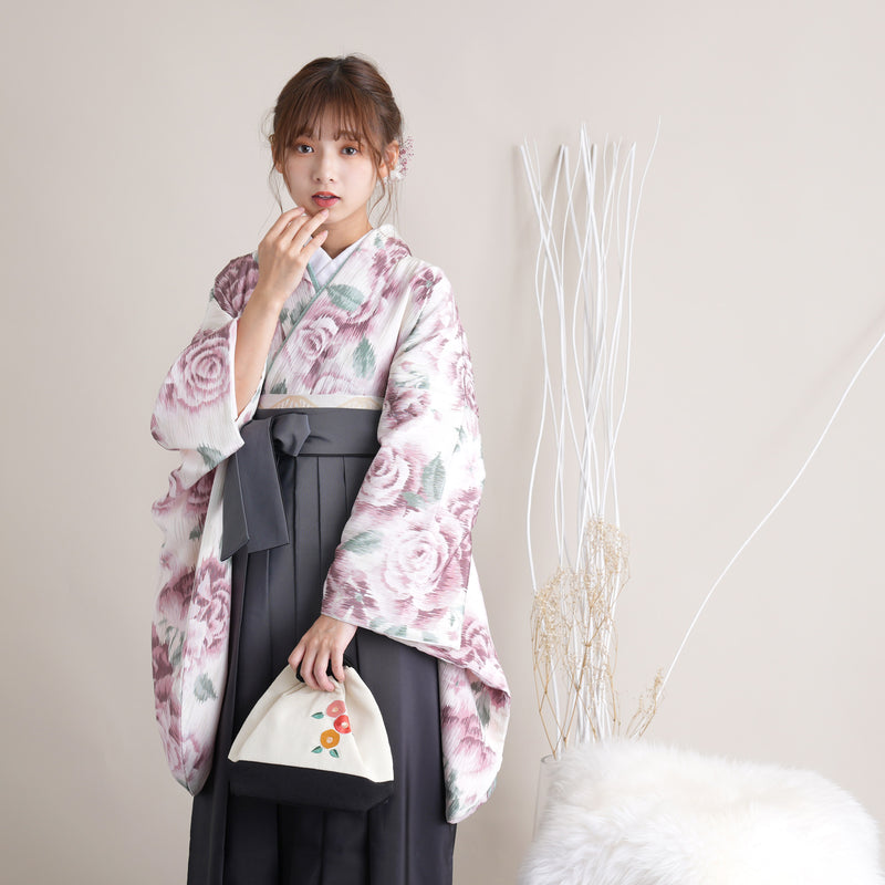 【リサイクル着物】 2尺袖着物 袴 2点セット 販売品 中古 USED くすみピンク バラ 袴91cm（身長153-158cm）卒業式 大学生 （5182670211）【中古販売】