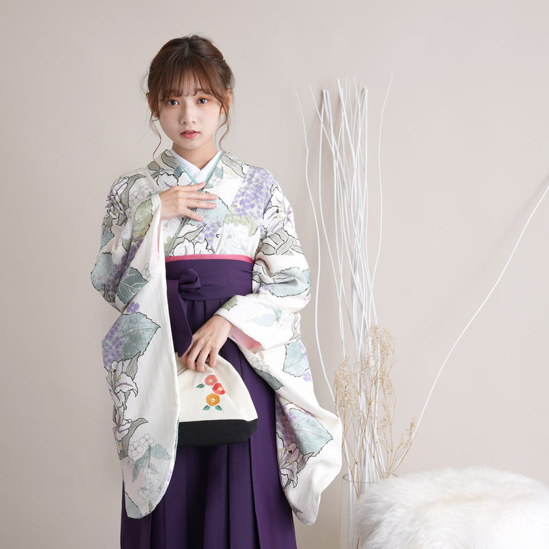 【リサイクル着物】 2尺袖着物 袴 2点セット 販売品 中古 USED 百合 あじさい 袴91cm（身長153-158cm）卒業式 大学生 （5182670311）【中古販売】