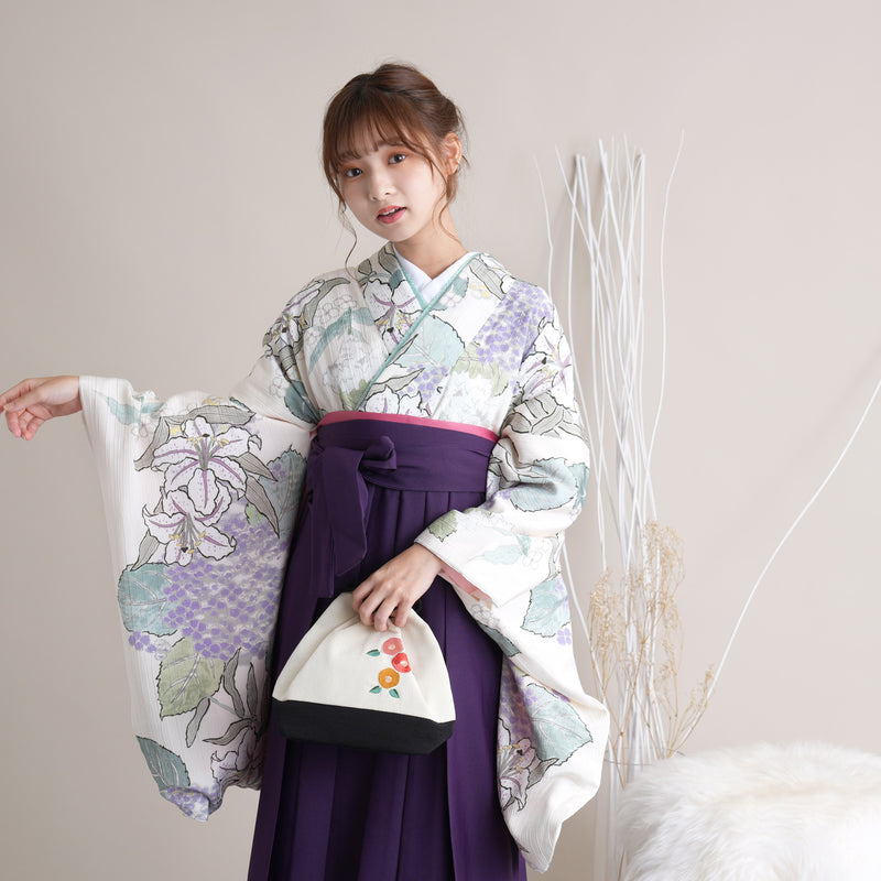 【リサイクル着物】 2尺袖着物 袴 2点セット 販売品 中古 USED 百合 あじさい 袴91cm（身長153-158cm）卒業式 大学生 （5182670311）【中古販売】