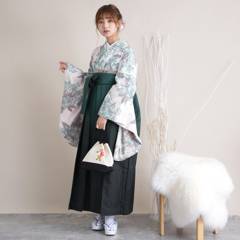【リサイクル着物】 2尺袖着物 袴 2点セット 販売品 中古 USED くすみカラー 花柄 袴91cm（身長153-158cm）卒業式 大学生 （5182670511）【中古販売】