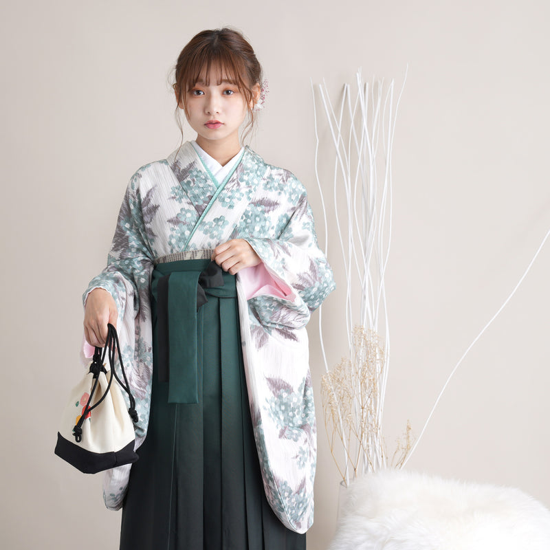【リサイクル着物】 2尺袖着物 袴 2点セット 販売品 中古 USED くすみカラー 花柄 袴91cm（身長153-158cm）卒業式 大学生 （5182670511）【中古販売】