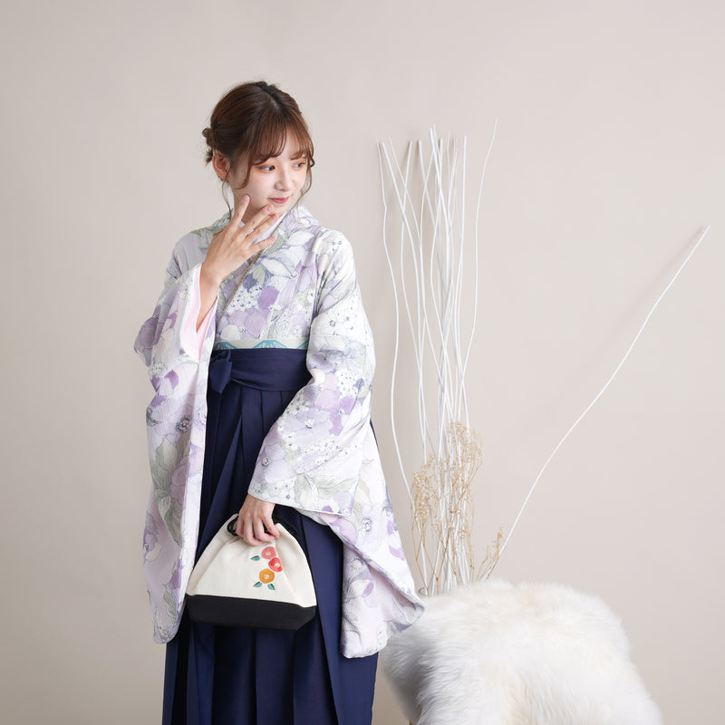【リサイクル着物】 2尺袖着物 袴 2点セット 販売品 中古 USED くすみカラー 花柄 ラベンダー 袴91cm（身長153-158cm）卒業式 大学生 （5182671211）【中古販売】