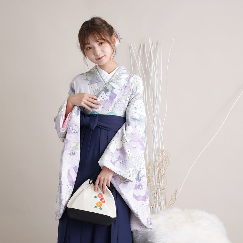 【リサイクル着物】 2尺袖着物 袴 2点セット 販売品 中古 USED くすみカラー 花柄 ラベンダー 袴91cm（身長153-158cm）卒業式 大学生 （5182671211）【中古販売】