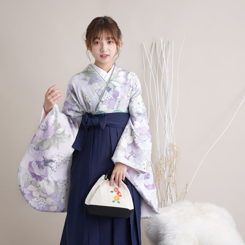 【リサイクル着物】 2尺袖着物 袴 2点セット 販売品 中古 USED くすみカラー 花柄 ラベンダー 袴91cm（身長153-158cm）卒業式 大学生 （5182671211）【中古販売】
