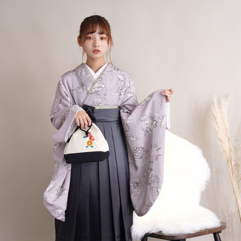 【リサイクル着物】 2尺袖着物 袴 2点セット 販売品 中古 USED  花柄 袴91cm（身長153-158cm）卒業式 大学生 （5182671411）【中古販売】