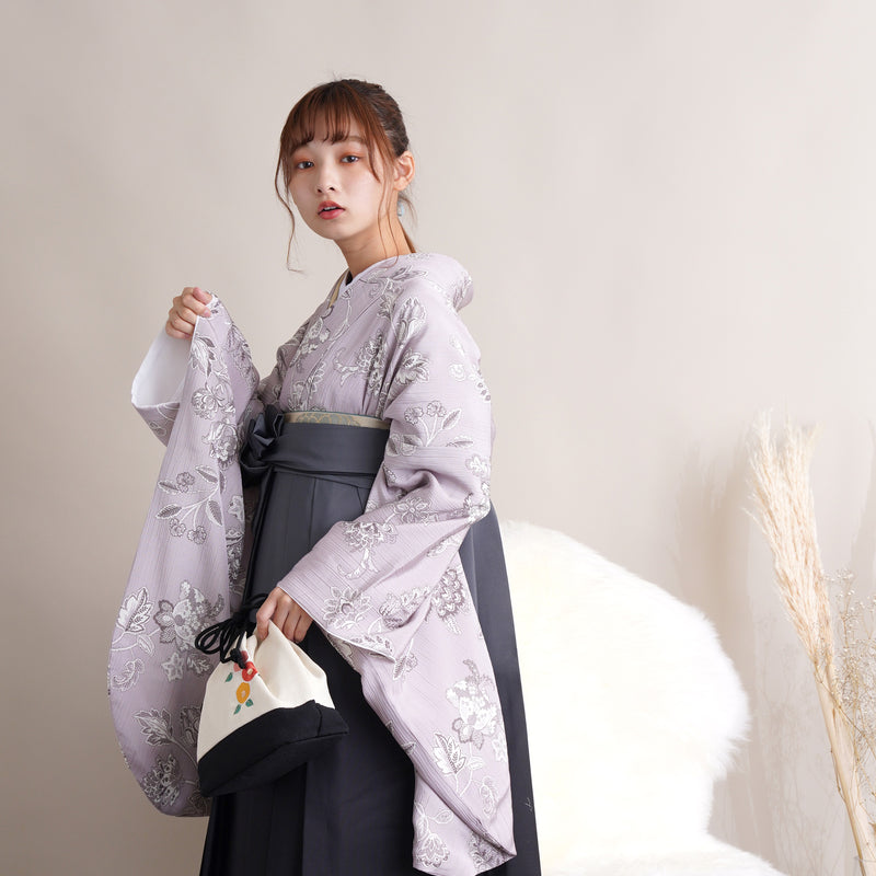 【リサイクル着物】 2尺袖着物 袴 2点セット 販売品 中古 USED  花柄 袴91cm（身長153-158cm）卒業式 大学生 （5182671411）【中古販売】