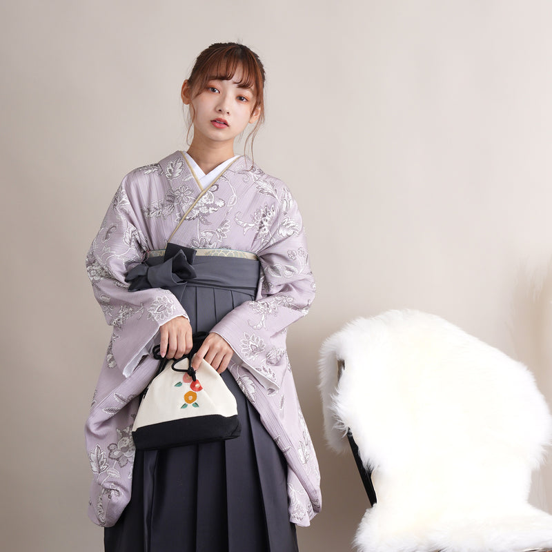 【リサイクル着物】 2尺袖着物 袴 2点セット 販売品 中古 USED  花柄 袴91cm（身長153-158cm）卒業式 大学生 （5182671411）【中古販売】