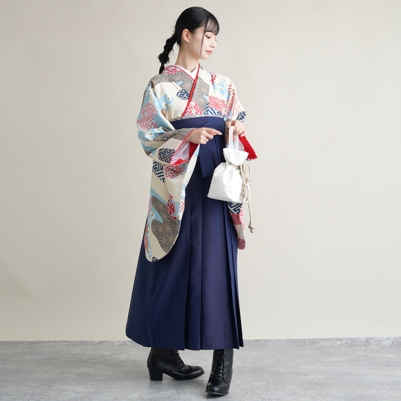【リサイクル着物】 2尺袖着物 袴 2点セット 販売品 中古 USED  レトロ 流水 袴91cm（身長153-158cm）卒業式 大学生 ひよこ商店（5182672211）【中古販売】