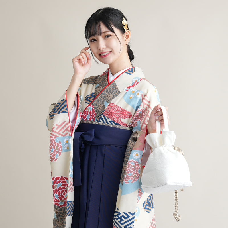 【リサイクル着物】 2尺袖着物 袴 2点セット 販売品 中古 USED  レトロ 流水 袴91cm（身長153-158cm）卒業式 大学生 ひよこ商店（5182672211）【中古販売】