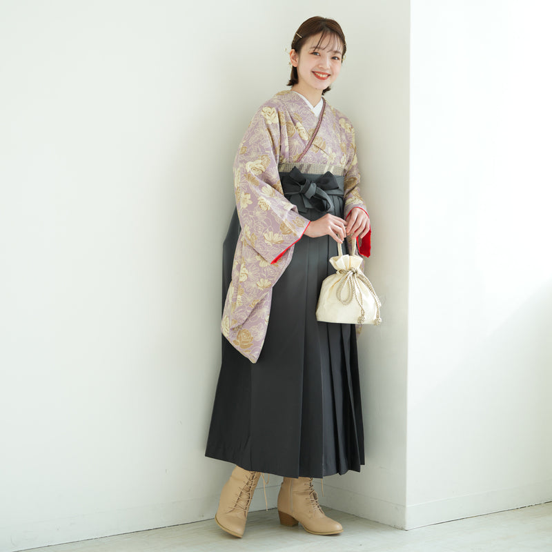 【リサイクル着物】 2尺袖着物 袴 2点セット 販売品 中古 USED  くすみカラー 花柄 袴91cm（身長153-158cm）卒業式 大学生 ひよこ商店（5182672513）【中古販売】