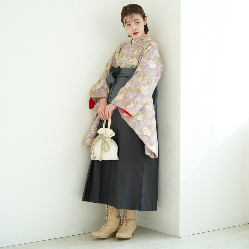 【リサイクル着物】 2尺袖着物 袴 2点セット 販売品 中古 USED  くすみカラー 花柄 袴91cm（身長153-158cm）卒業式 大学生 ひよこ商店（5182672513）【中古販売】