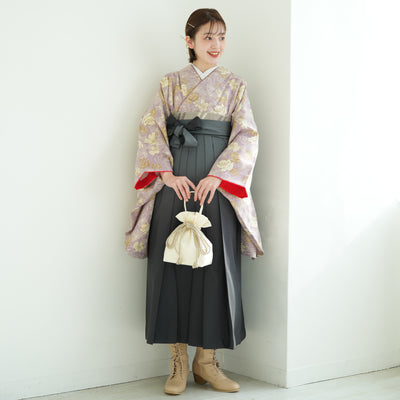 【リサイクル着物】 2尺袖着物 袴 2点セット 販売品 中古 USED  くすみカラー 花柄 袴91cm（身長153-158cm）卒業式 大学生 ひよこ商店（5182672513）【中古販売】
