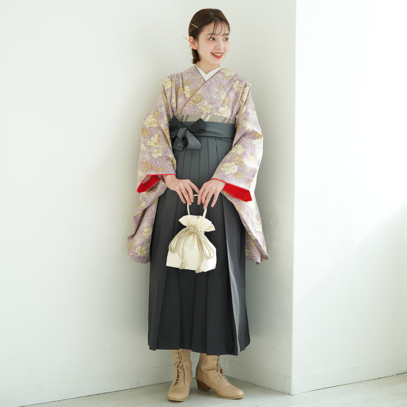 【リサイクル着物】 2尺袖着物 袴 2点セット 販売品 中古 USED  くすみカラー 花柄 袴91cm（身長153-158cm）卒業式 大学生 ひよこ商店（5182672513）【中古販売】