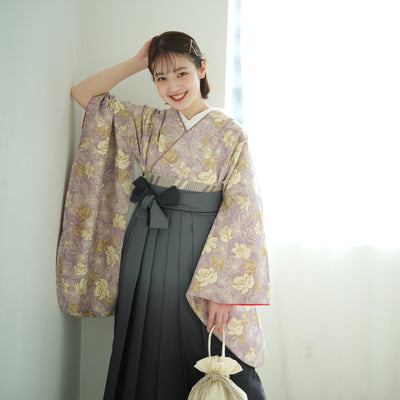 【リサイクル着物】 2尺袖着物 袴 2点セット 販売品 中古 USED  くすみカラー 花柄 袴91cm（身長153-158cm）卒業式 大学生 ひよこ商店（5182672513）【中古販売】