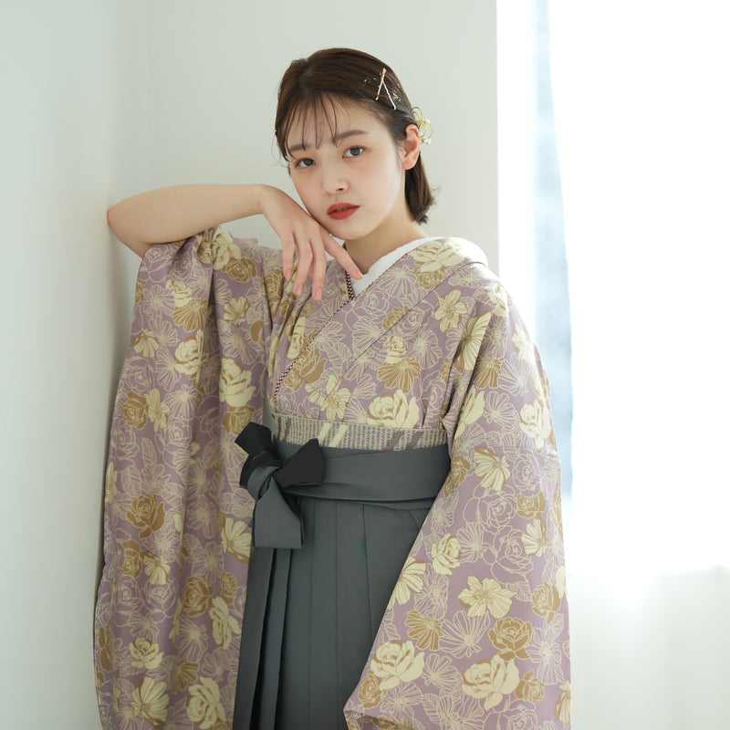 【リサイクル着物】 2尺袖着物 袴 2点セット 販売品 中古 USED  くすみカラー 花柄 袴91cm（身長153-158cm）卒業式 大学生 ひよこ商店（5182672513）【中古販売】