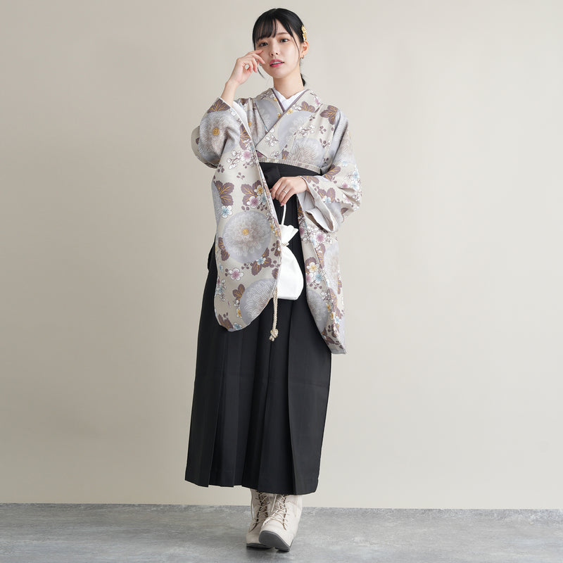 【リサイクル着物】 2尺袖着物 袴 2点セット 販売品 中古 USED  グレー 菊 袴91cm（身長153-158cm）卒業式 大学生 ひよこ商店（5182673513）【中古販売】