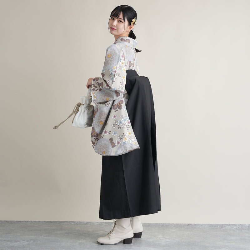 【リサイクル着物】 2尺袖着物 袴 2点セット 販売品 中古 USED  グレー 菊 袴91cm（身長153-158cm）卒業式 大学生 ひよこ商店（5182673513）【中古販売】