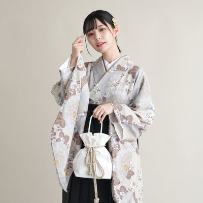 【リサイクル着物】 2尺袖着物 袴 2点セット 販売品 中古 USED  グレー 菊 袴91cm（身長153-158cm）卒業式 大学生 ひよこ商店（5182673513）【中古販売】