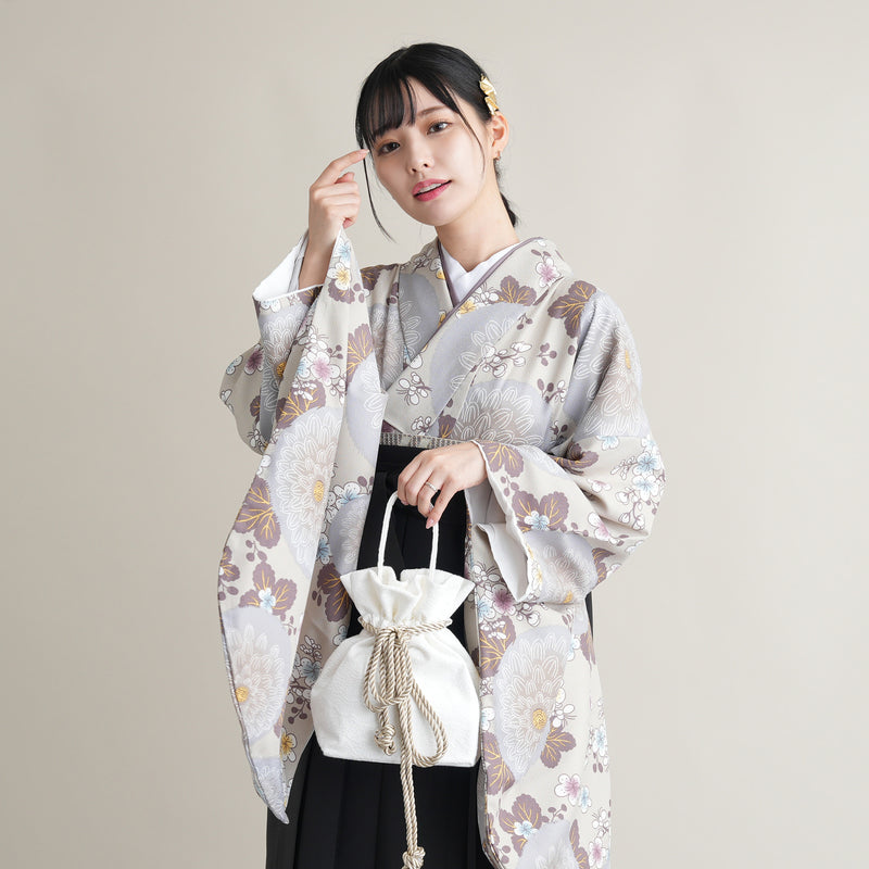 【リサイクル着物】 2尺袖着物 袴 2点セット 販売品 中古 USED  グレー 菊 袴91cm（身長153-158cm）卒業式 大学生 ひよこ商店（5182673513）【中古販売】