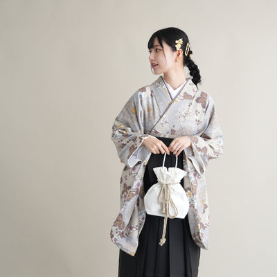 【リサイクル着物】 2尺袖着物 袴 2点セット 販売品 中古 USED  グレー 菊 袴91cm（身長153-158cm）卒業式 大学生 ひよこ商店（5182673513）【中古販売】
