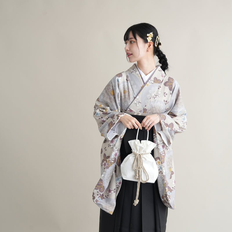 【リサイクル着物】 2尺袖着物 袴 2点セット 販売品 中古 USED  グレー 菊 袴91cm（身長153-158cm）卒業式 大学生 ひよこ商店（5182673513）【中古販売】