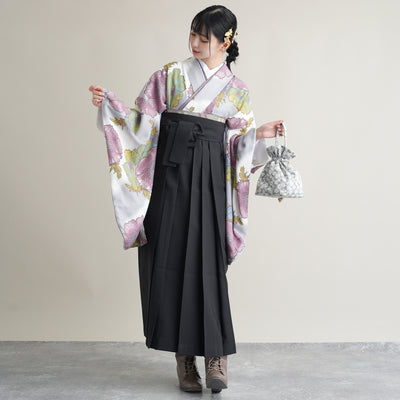 【リサイクル着物】 2尺袖着物 袴 2点セット 販売品 中古 USED  花柄 牡丹 袴91cm（身長153-158cm）卒業式 大学生 ひよこ商店（5182673713）【中古販売】