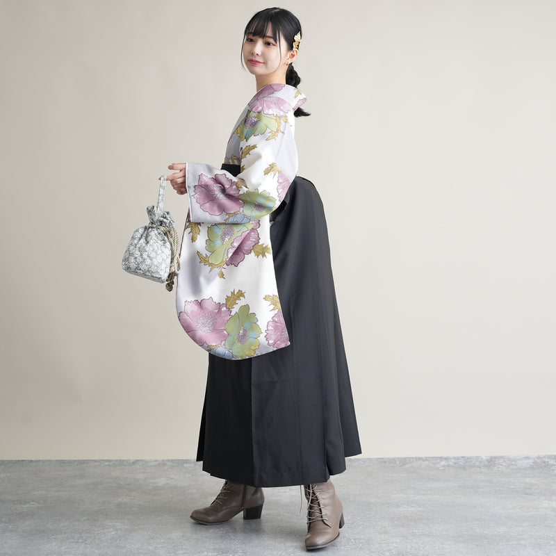 【リサイクル着物】 2尺袖着物 袴 2点セット 販売品 中古 USED  花柄 牡丹 袴91cm（身長153-158cm）卒業式 大学生 ひよこ商店（5182673713）【中古販売】