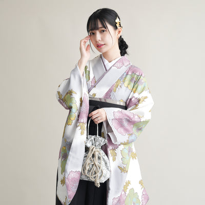 【リサイクル着物】 2尺袖着物 袴 2点セット 販売品 中古 USED  花柄 牡丹 袴91cm（身長153-158cm）卒業式 大学生 ひよこ商店（5182673713）【中古販売】