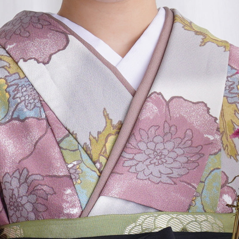 【リサイクル着物】 2尺袖着物 袴 2点セット 販売品 中古 USED  花柄 牡丹 袴91cm（身長153-158cm）卒業式 大学生 ひよこ商店（5182673713）【中古販売】