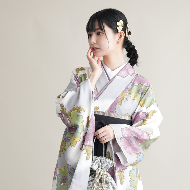 【リサイクル着物】 2尺袖着物 袴 2点セット 販売品 中古 USED  花柄 牡丹 袴91cm（身長153-158cm）卒業式 大学生 ひよこ商店（5182673713）【中古販売】