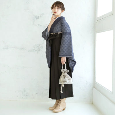 【リサイクル着物】 2尺袖着物 袴 2点セット 販売品 中古 USED  ネイビー グレー レース 花柄  袴91cm（身長153-158cm）卒業式 大学生 （5182683111）【中古販売】