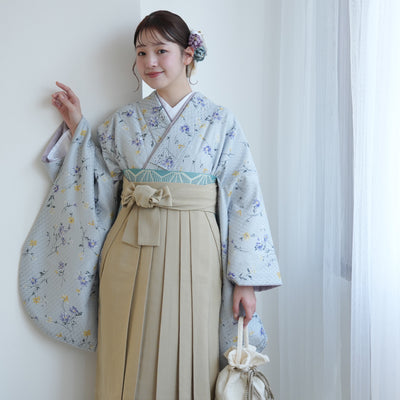 【リサイクル着物】 2尺袖着物 袴 2点セット 販売品 中古 USED  パステルカラー 花柄  袴91cm（身長153-158cm）卒業式 大学生 （5182683411）【中古販売】