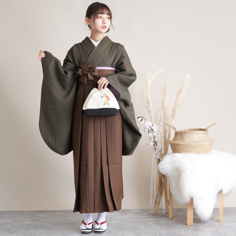 【リサイクル着物】 2尺袖着物 袴 2点セット 販売品 中古 USED  カーキ 地模様  袴91cm（身長153-158cm）卒業式 大学生 （5182684411）【中古販売】