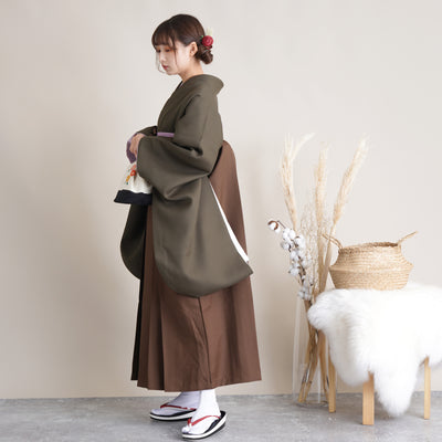 【リサイクル着物】 2尺袖着物 袴 2点セット 販売品 中古 USED  カーキ 地模様  袴91cm（身長153-158cm）卒業式 大学生 （5182684411）【中古販売】