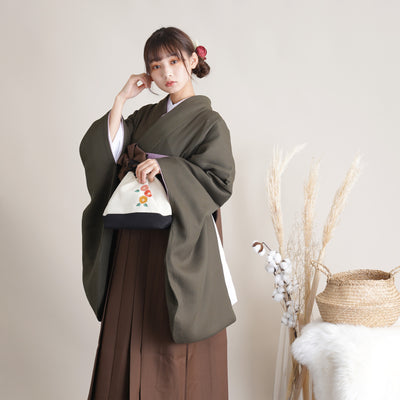 【リサイクル着物】 2尺袖着物 袴 2点セット 販売品 中古 USED  カーキ 地模様  袴91cm（身長153-158cm）卒業式 大学生 （5182684411）【中古販売】