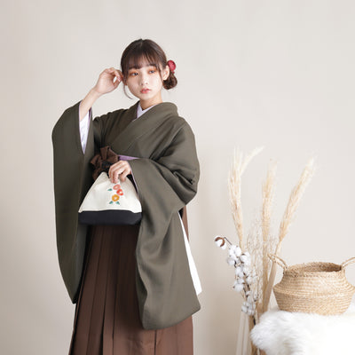 【リサイクル着物】 2尺袖着物 袴 2点セット 販売品 中古 USED  カーキ 地模様  袴91cm（身長153-158cm）卒業式 大学生 （5182684411）【中古販売】