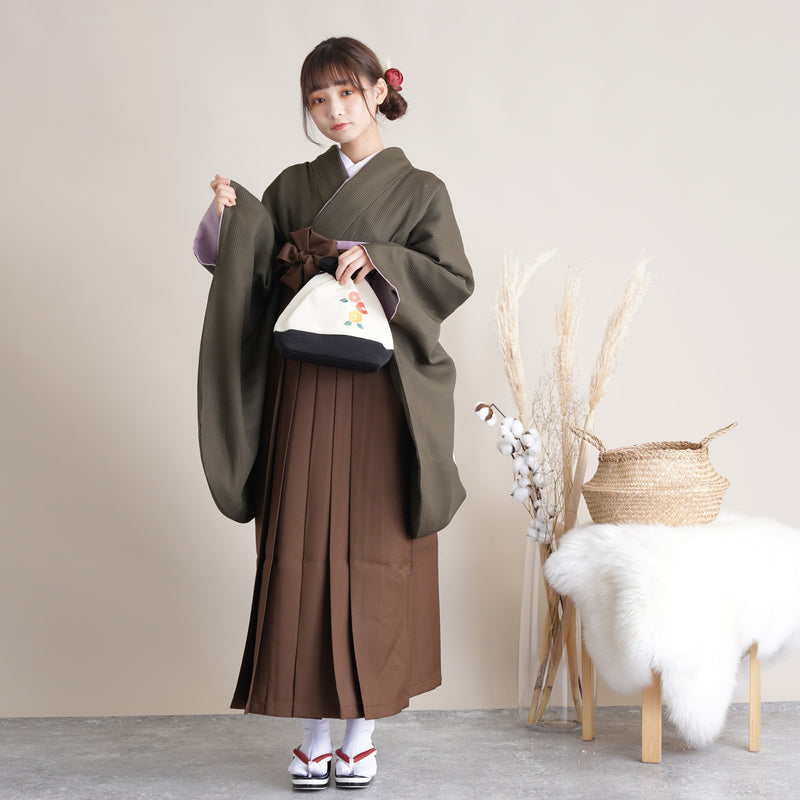 【リサイクル着物】 2尺袖着物 袴 2点セット 販売品 中古 USED  カーキ 地模様  袴91cm（身長153-158cm）卒業式 大学生 （5182684411）【中古販売】