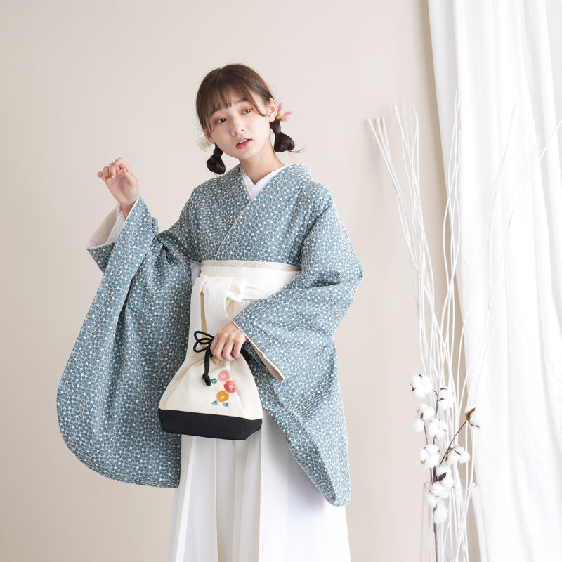 【リサイクル着物】 2尺袖着物 袴 2点セット 販売品 中古 USED くすみカラー 刺繍  袴91cm（身長153-158cm）卒業式 大学生 （5182697811）【中古販売】