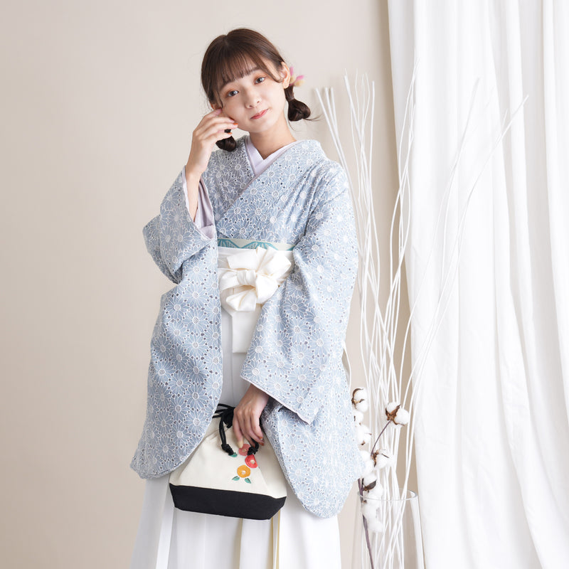 【リサイクル着物】 2尺袖着物 袴 2点セット 販売品 中古 USED くすみカラー 刺繍  袴91cm（身長153-158cm）卒業式 大学生 （5182697911）【中古販売】