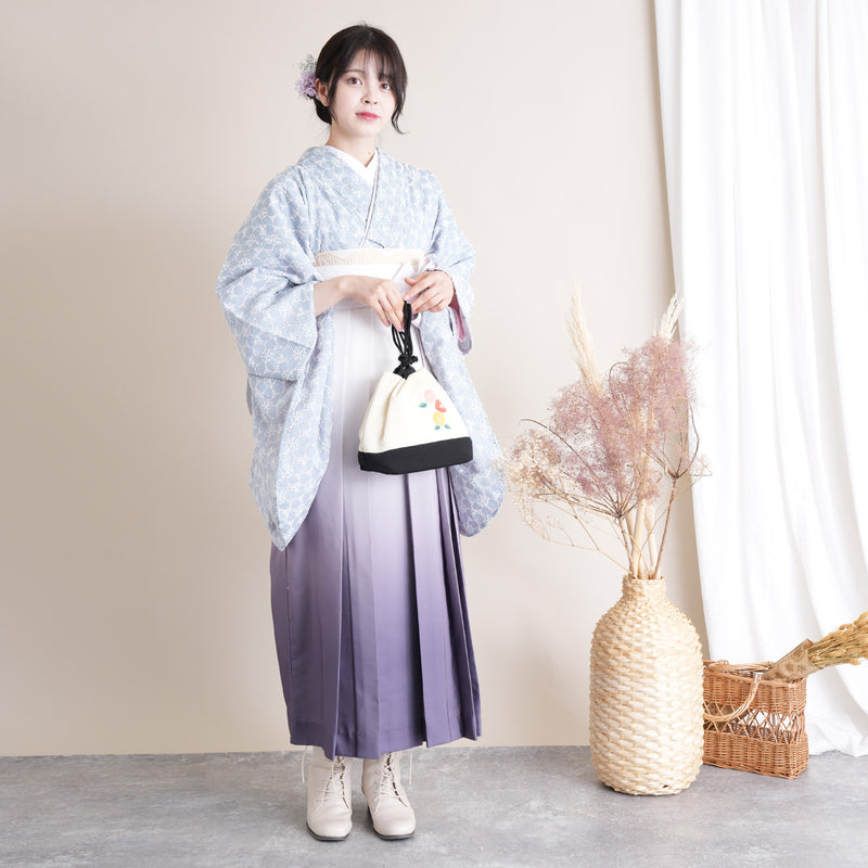 【リサイクル着物】 2尺袖着物 袴 2点セット 販売品 中古 USED くすみカラー 刺繍  袴91cm（身長153-158cm）卒業式 大学生 （5182698311）【中古販売】