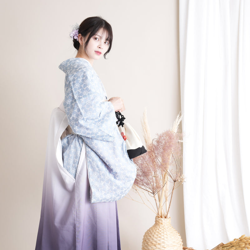 【リサイクル着物】 2尺袖着物 袴 2点セット 販売品 中古 USED くすみカラー 刺繍  袴91cm（身長153-158cm）卒業式 大学生 （5182698311）【中古販売】