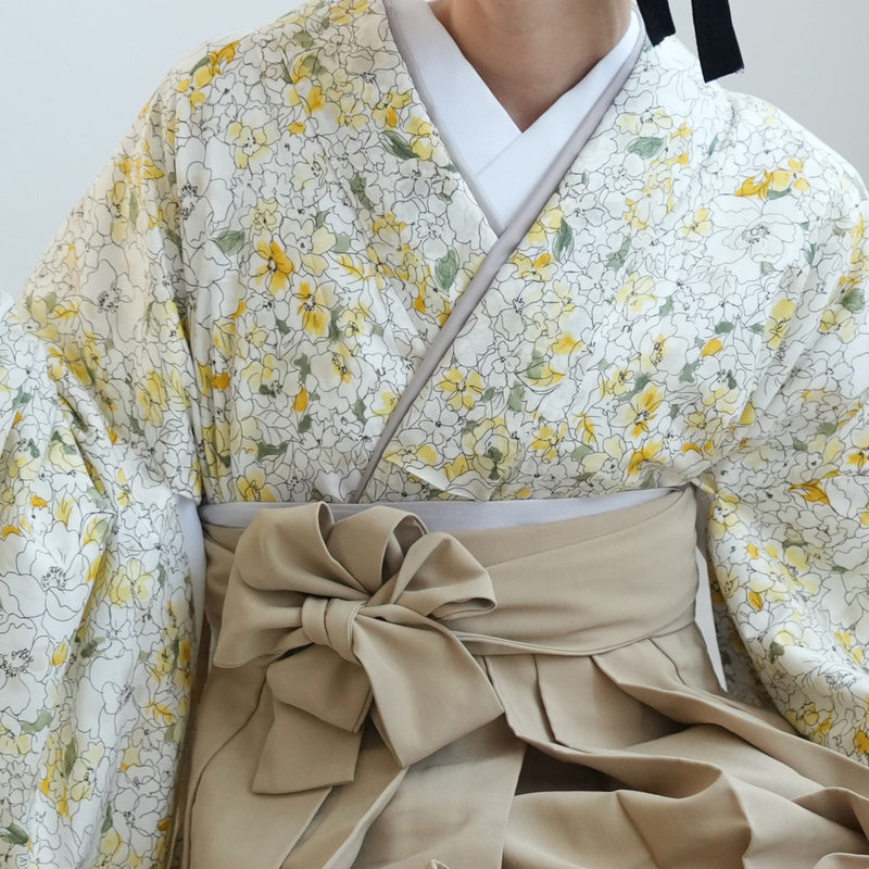 【リサイクル着物】 2尺袖着物 袴 2点セット 販売品 中古 USED 黄色 ボタニカル ぼかし  袴91cm（身長153-158cm）卒業式 大学生 （5182700311）【中古販売】