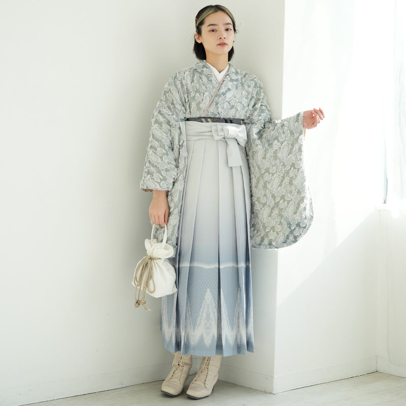 【リサイクル着物】 2尺袖着物 袴 2点セット 販売品 中古 USED  くすみグリーン レース柄  袴91-99cm（身長153-170cm）卒業式 大学生 ニコアンティーク（5182705001）【中古販売】