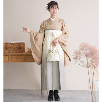 【リサイクル着物】 2尺袖着物 袴 2点セット 販売品 中古 USED ベージュ ボタニカル  袴91cm（身長153-158cm）卒業式 大学生 （5182705711）【中古販売】