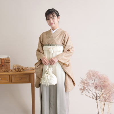 【リサイクル着物】 2尺袖着物 袴 2点セット 販売品 中古 USED ベージュ ボタニカル  袴91cm（身長153-158cm）卒業式 大学生 （5182705711）【中古販売】