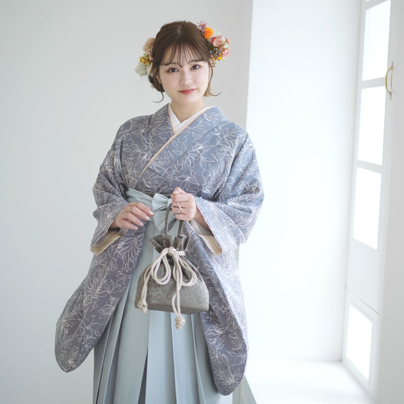 【リサイクル着物】 2尺袖着物 袴 2点セット 販売品 中古 USED グレー系  袴91cm（身長153-158cm）卒業式 大学生 （5182706211）【中古販売】