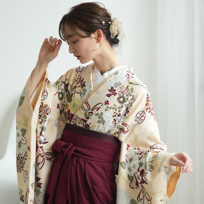 【リサイクル着物】 2尺袖着物 袴 2点セット 販売品 中古 USED ベージュ  袴91cm（身長153-158cm）卒業式 大学生 ひよこ商店（5182715711）【中古販売】