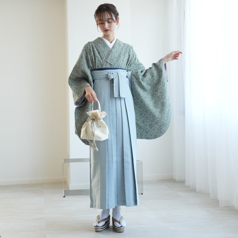 【リサイクル着物】 2尺袖着物 袴 2点セット 販売品 中古 USED くすみグリーン ボタニカル  袴95cm（身長約158-163cm）卒業式 大学生 ニコアンティーク（5183703912）【中古販売】