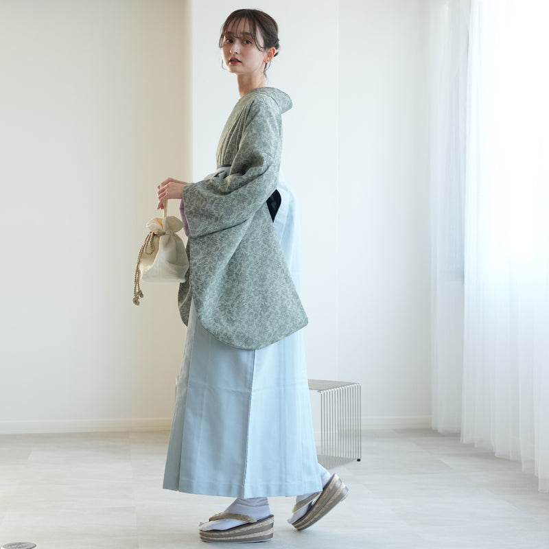 【リサイクル着物】 2尺袖着物 袴 2点セット 販売品 中古 USED くすみグリーン ボタニカル  袴95cm（身長約158-163cm）卒業式 大学生 ニコアンティーク（5183703912）【中古販売】